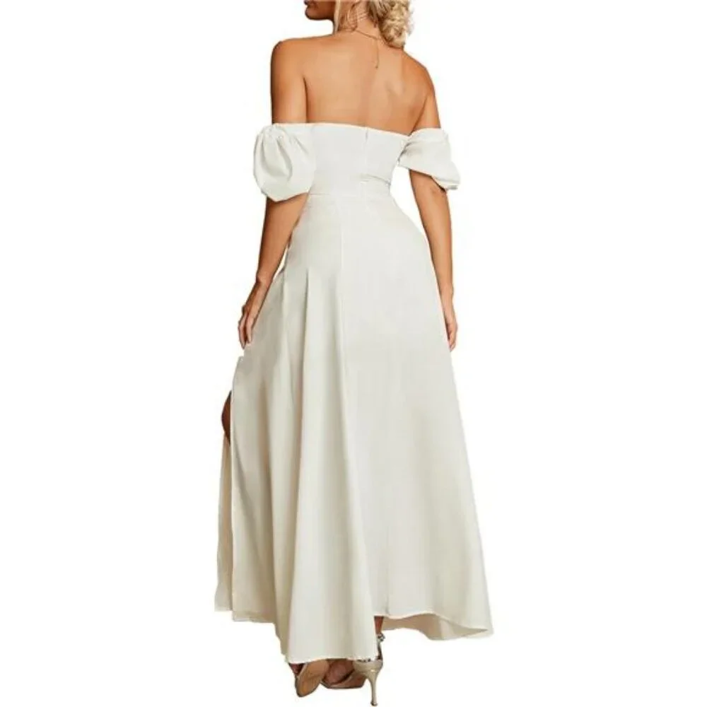 Women's Puff Sleeve Floral Maxi Dress - Backless, Off Shoulder, High Waist - Picture 4 of 5